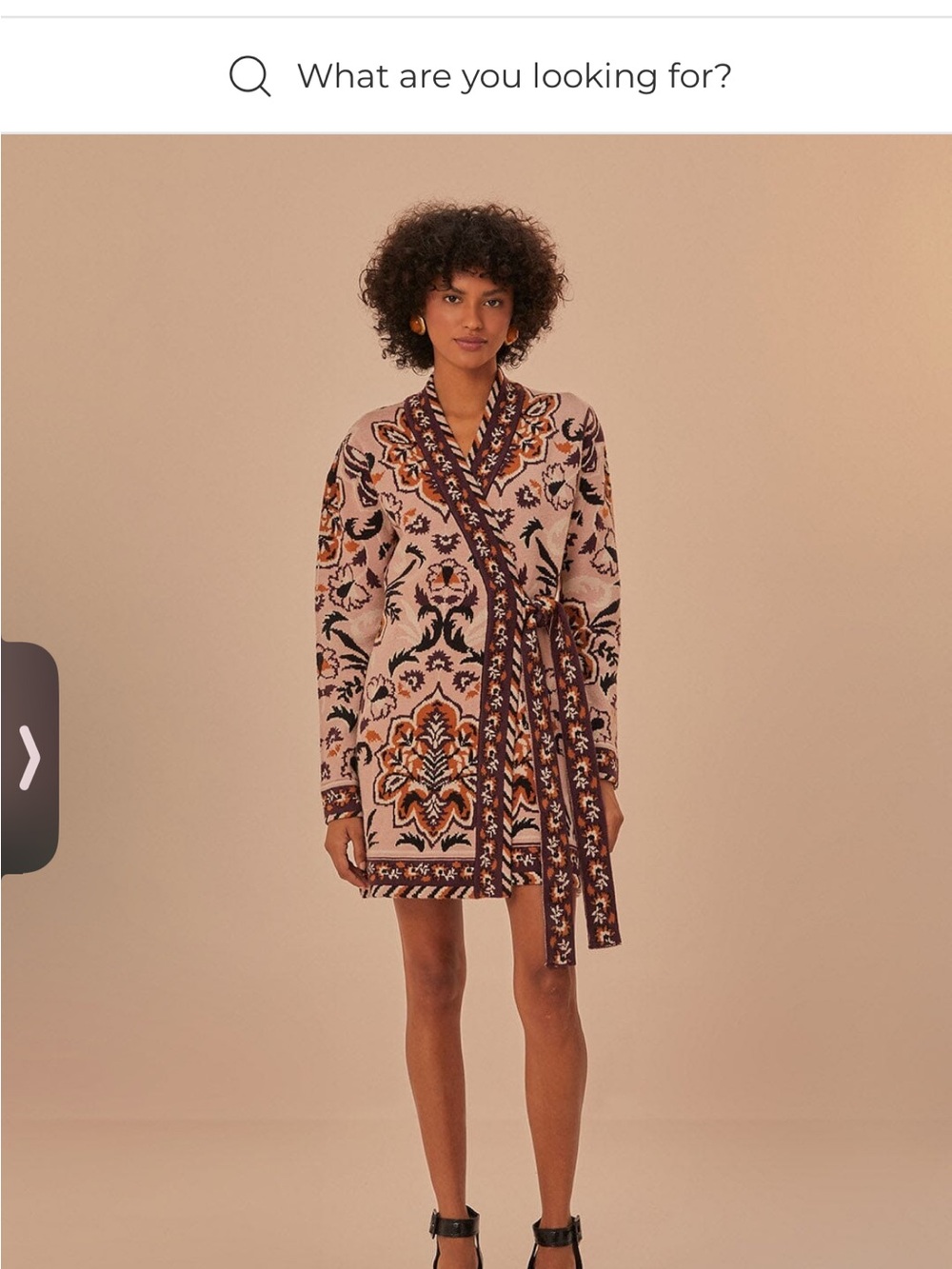 FARM Rio Pink Blush Mini Sweater True Wrap Dress with Rust and Black Motif